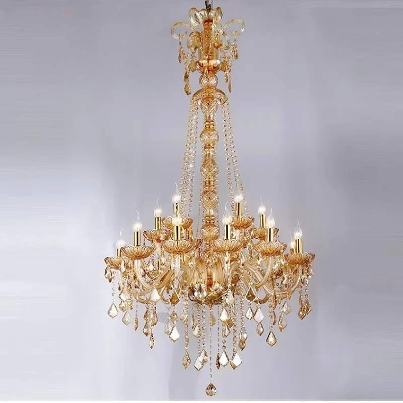 Luxury Extra Long Large Stair Gold/silverk9 Crystal Chandelier Lustres De Cristal Candle Export Lobby Light 15 Arms Height 150cm