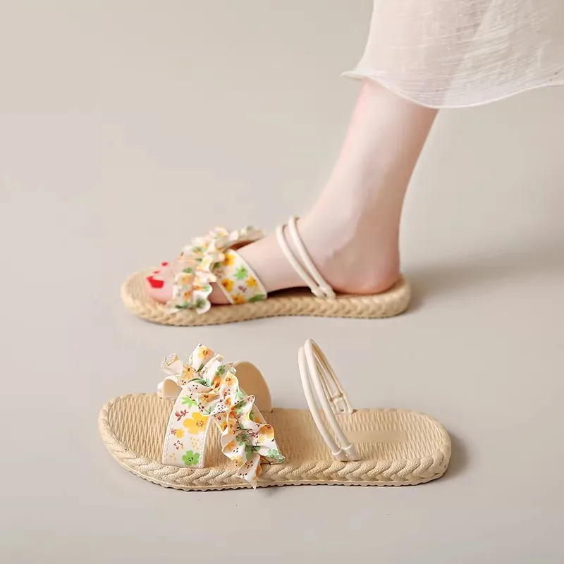 Print Women' Sandals 2026 Summer New Beach Style Outing Beautiful Fashion Shoes Sweet Style Green Fresh Flat-heeled Shoes