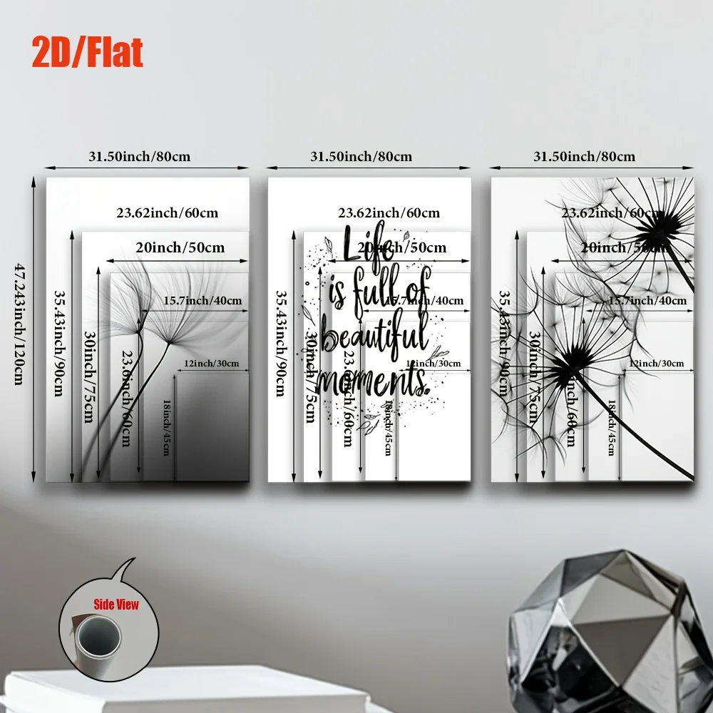 3 قطع/مجموعة، لوحة قماشية بدون إطار ثنائية الأبعاد/المسطحة، الهندباء الأبيض والأسود، لوحة مختلطة، غرفة المعيشة، ديكور المكتب، فن الحائط، السرير #2
