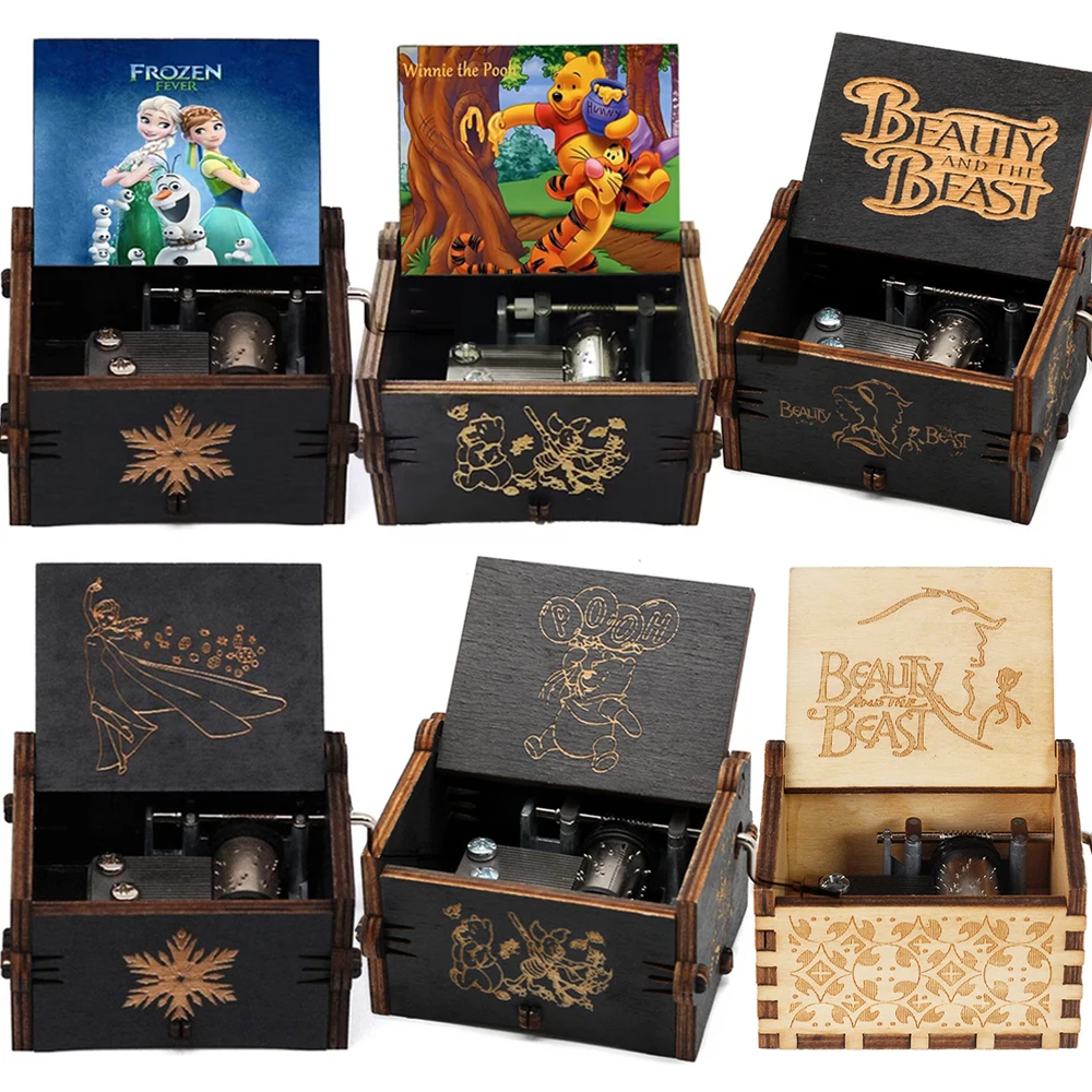 صندوق تشغيل الموسيقى الخشبي المجمد الجمال والوحش اليد مكرنك ديكور المنزل منحوتة صندوق موسيقي عيد الحب عيد ميلاد Gif #1