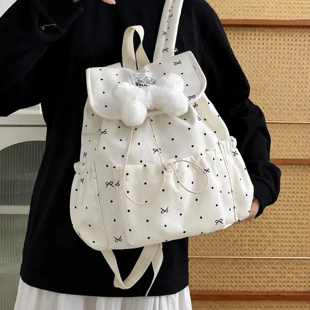 Sweet Drawstring Polka Dot Backpack Large Capacity Ultra Light Double Shoulder Bag Bowknot Nylon Commuting Backpack Travel