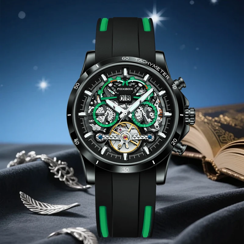 

Мужские наручные часы FOXBOX Outdoor Mechanical Man Watch Fashion Calendar Casual Sports Clocks Hollow Waterproof Luminous Watches Male Wristwatch+Box
