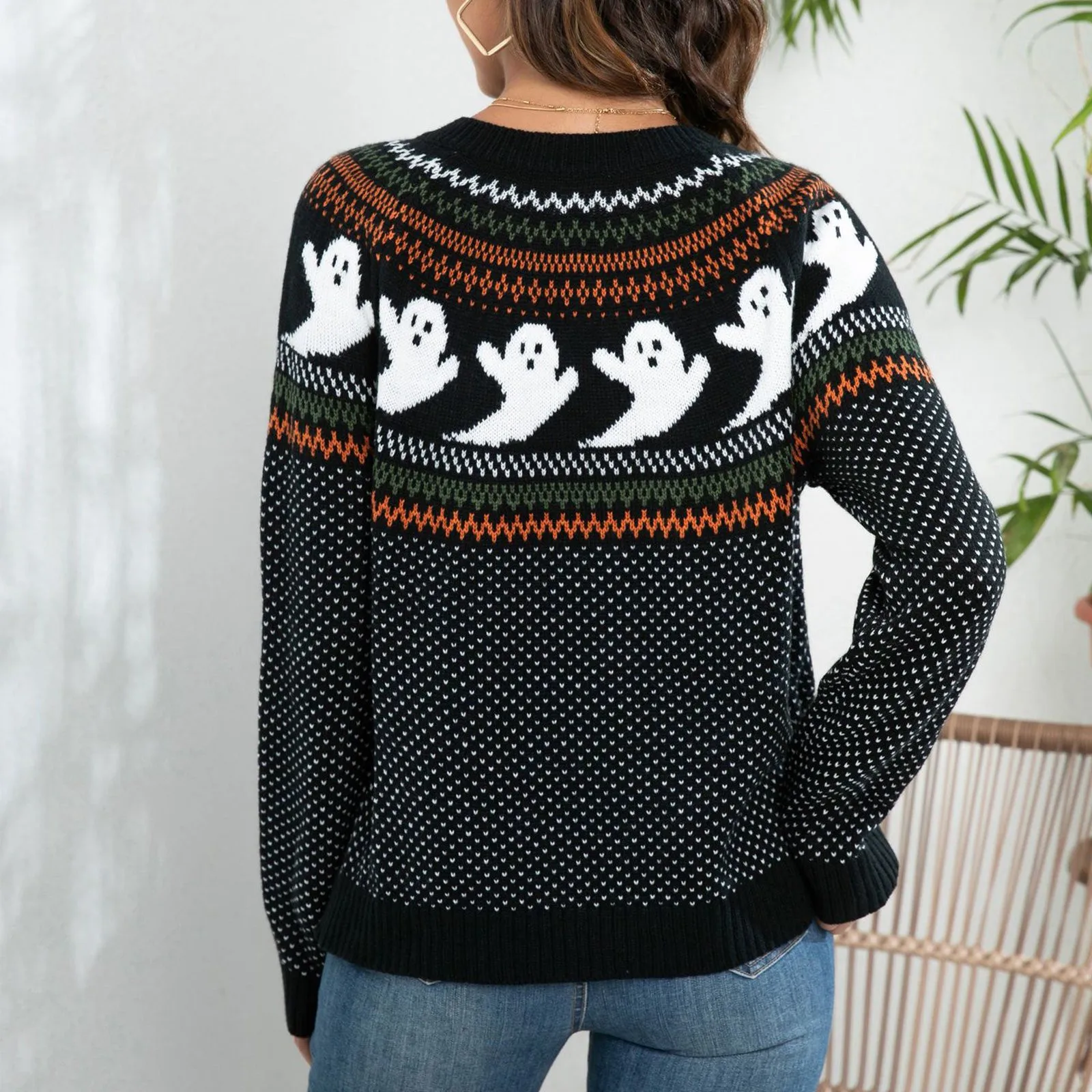 Damski sweter z dzianiny na Halloween Ghosts Graphic Open Stitch Sweter All Saints Day Dzianiny Jesienna odzież wierzchnia