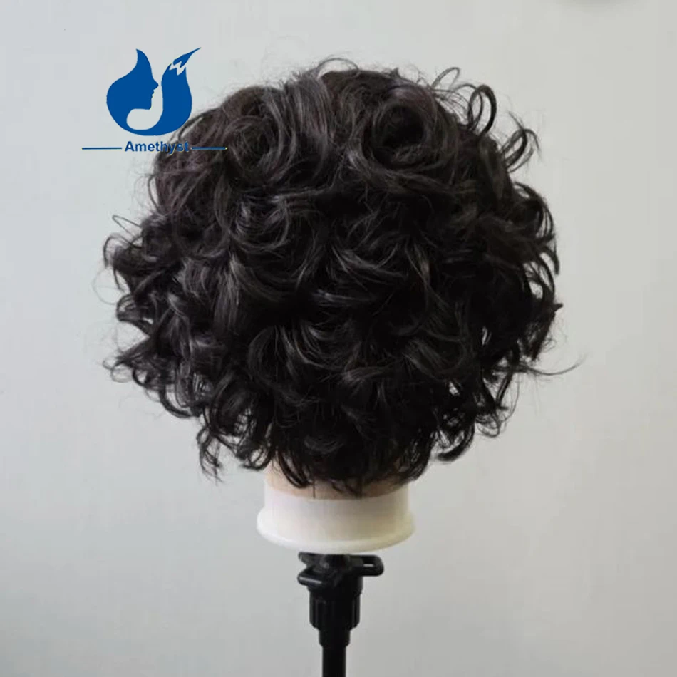 Amethyst Brazilian Remy Natural Curly Human Hair Wig for Men 13x6 Lace Front Wig Short Bob Pixie Cut Pre-Plucked Bleached Knots