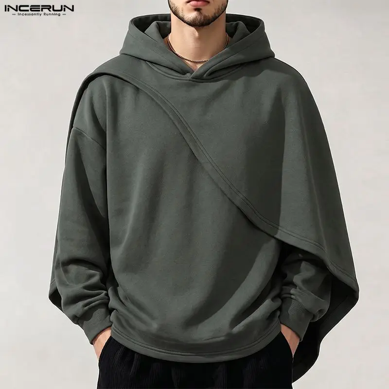 Men's Hoodies Solid Color Hooded Long Sleeve Irregular Sweatshirts For Man Streetwear Loose Stylish Casual Cape Ponchos INCERUN