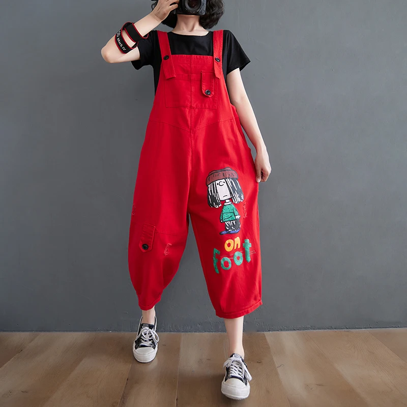 Summer Cartoon Print Denim Overalls Women Clothing Loose Fashion Hole Jumpsuits Female Red Jeans Rompers Streetwear 2022 New