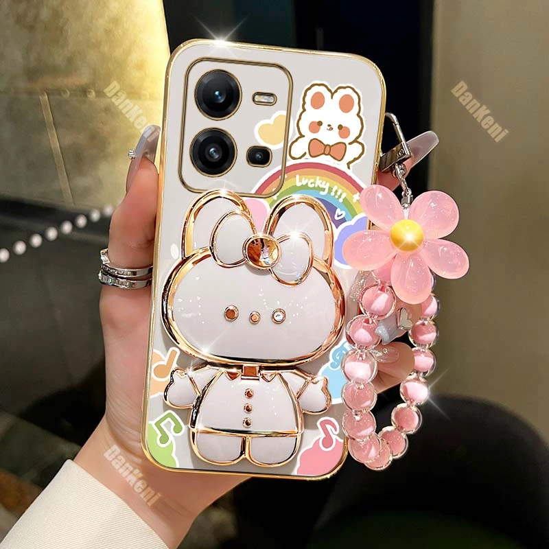 V25 Lucky Rabbit Holder Bracelet Plating Phone Case For VIVO V25 V25E V25Pro V29E V23E V21 V21E Y15S Y16 Y17 Y19 Y30 Y35 Cover