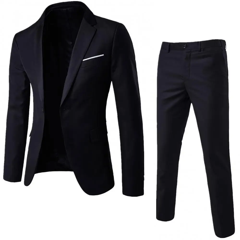 2Pcs/Set Men Suits Solid Color Long Sleeve Lapel Slim Button Business Suit