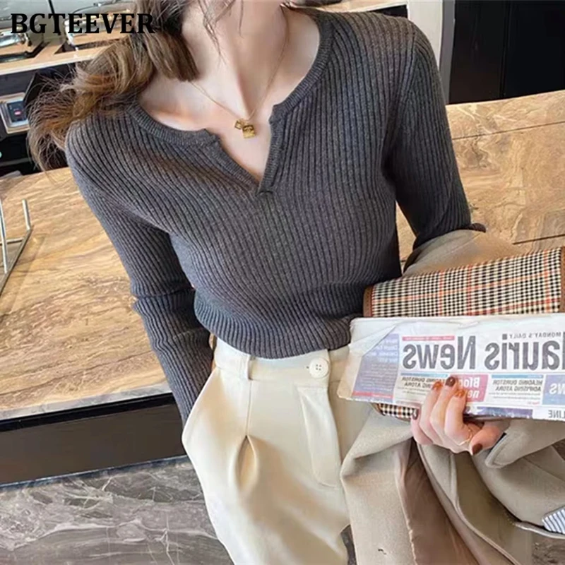 

BGTEEVER Basic Knitted Cashmere Sweater Women Elegant Solid Long Sleeve Sweaters Women V-neck Knitwear Pullovers Female Jumper