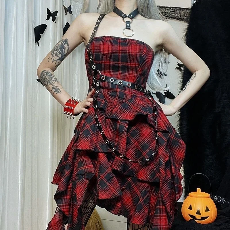 Darklook Diablo irregolare Spice Girl One Shoulder Dress donna Summer subculture Splice Waist Plaid Dress