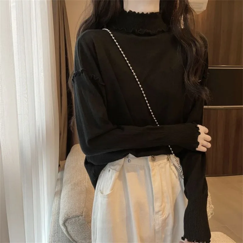 Turtleneck Fashion Women Sweaters 2024 Knit Top Autumn Pullovers Knitwears Solid Long Sleeve Clothes Ruffles Ladies Sweater New