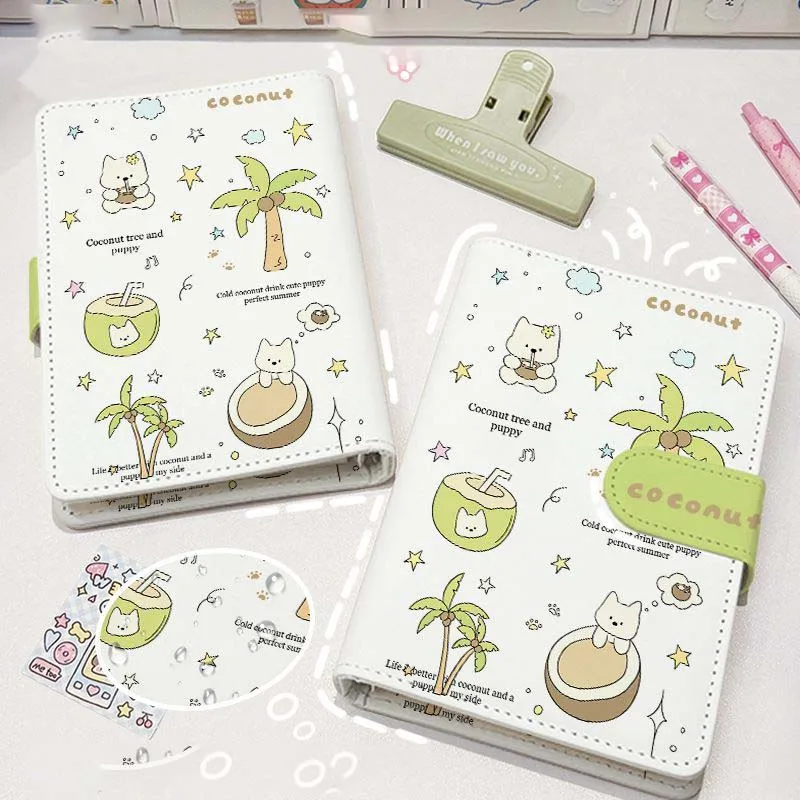Kawaii Coconut Puppy Print Loose Leaf Binder Notebook Detachable PU Cover Journal for Girls Student Scrapbook Planner Stationery