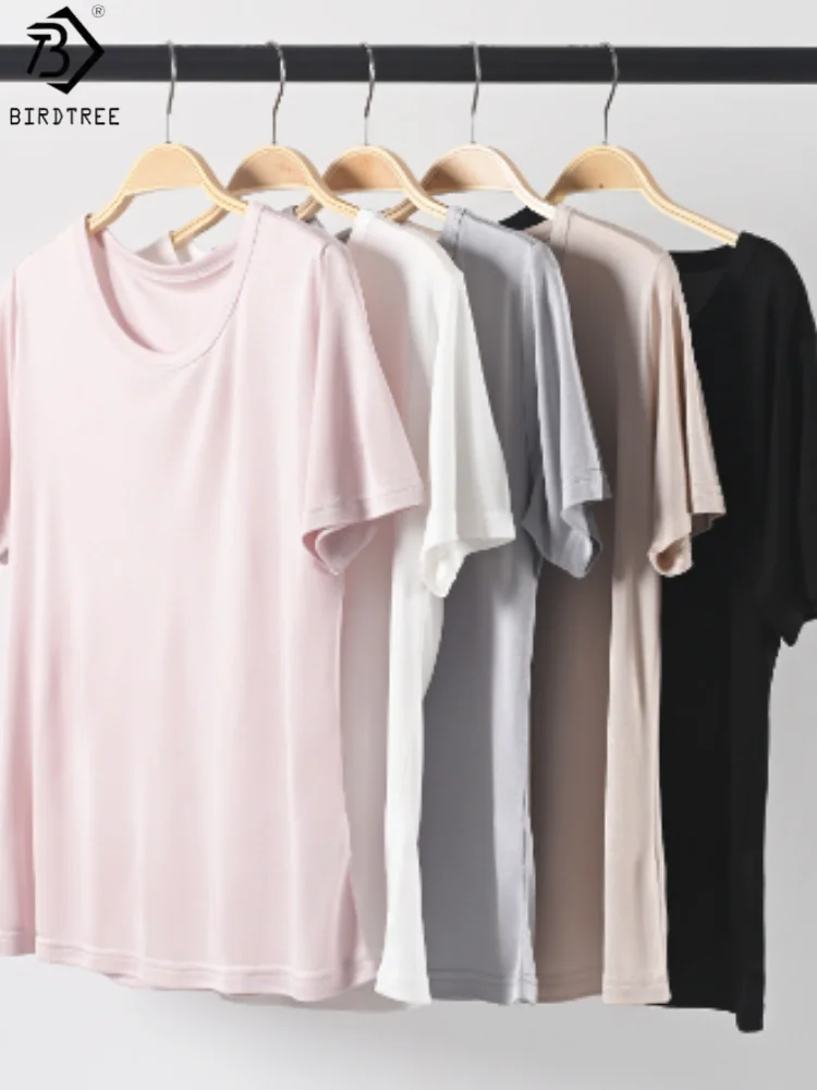 

Birdtree Summer 100% Mulberry Silk Solid Tshirt,Women double knit Short Sleeve O-neck Loose Soft Shirt,2025 New T56824JF