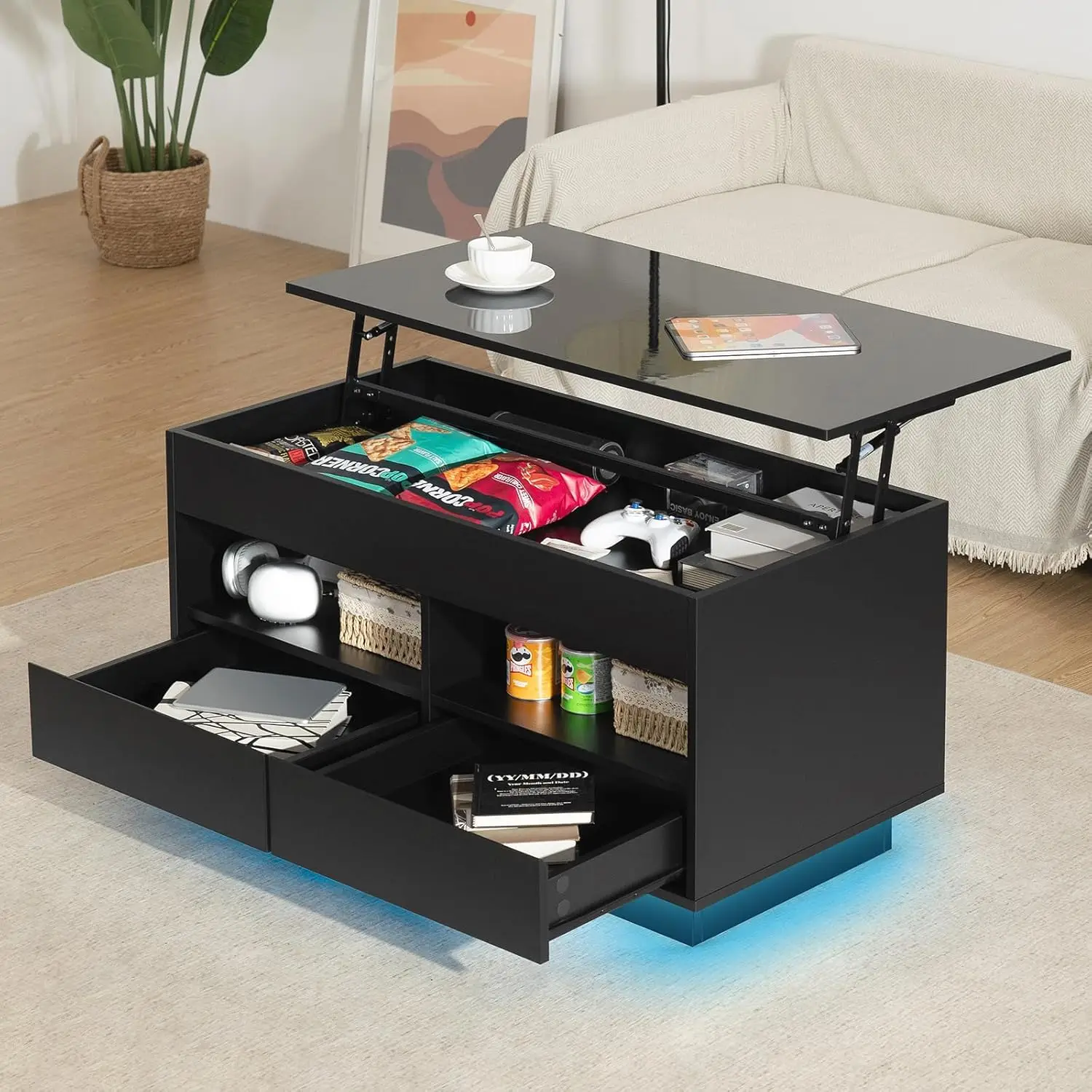 HOMMPA 40'' LED Coffee Table Morden with High Gloss Black Lift Top Dining Table with Hidden Storage Living Room 4 Tiers.