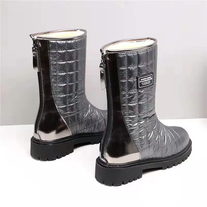 Shoes For Woman Mid Calf Silver Women\'s Snow Boots Half High Biker Waterproof Large Size Warm Winter 2024 With Stylish Hot