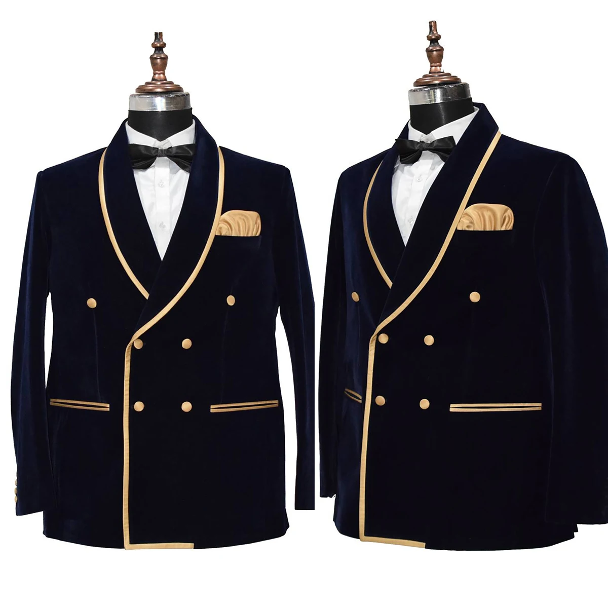 

Formal Wedding Men Suits Tuxedos Velvet Champagne Edge Shawl Lapel Double Breased Pockets Customized 2 Pieces Groom Blazer Pants