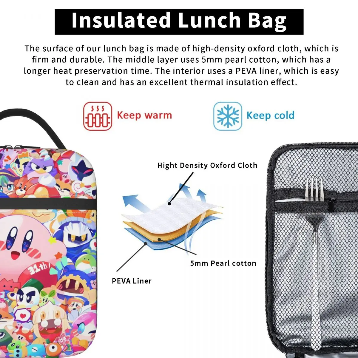 Kawaii Kirbyys Insulated Lunch Bags Thermal Bag Reusable Meal Container High Capacity Tote Lunch Box Food Bag College Outdoor