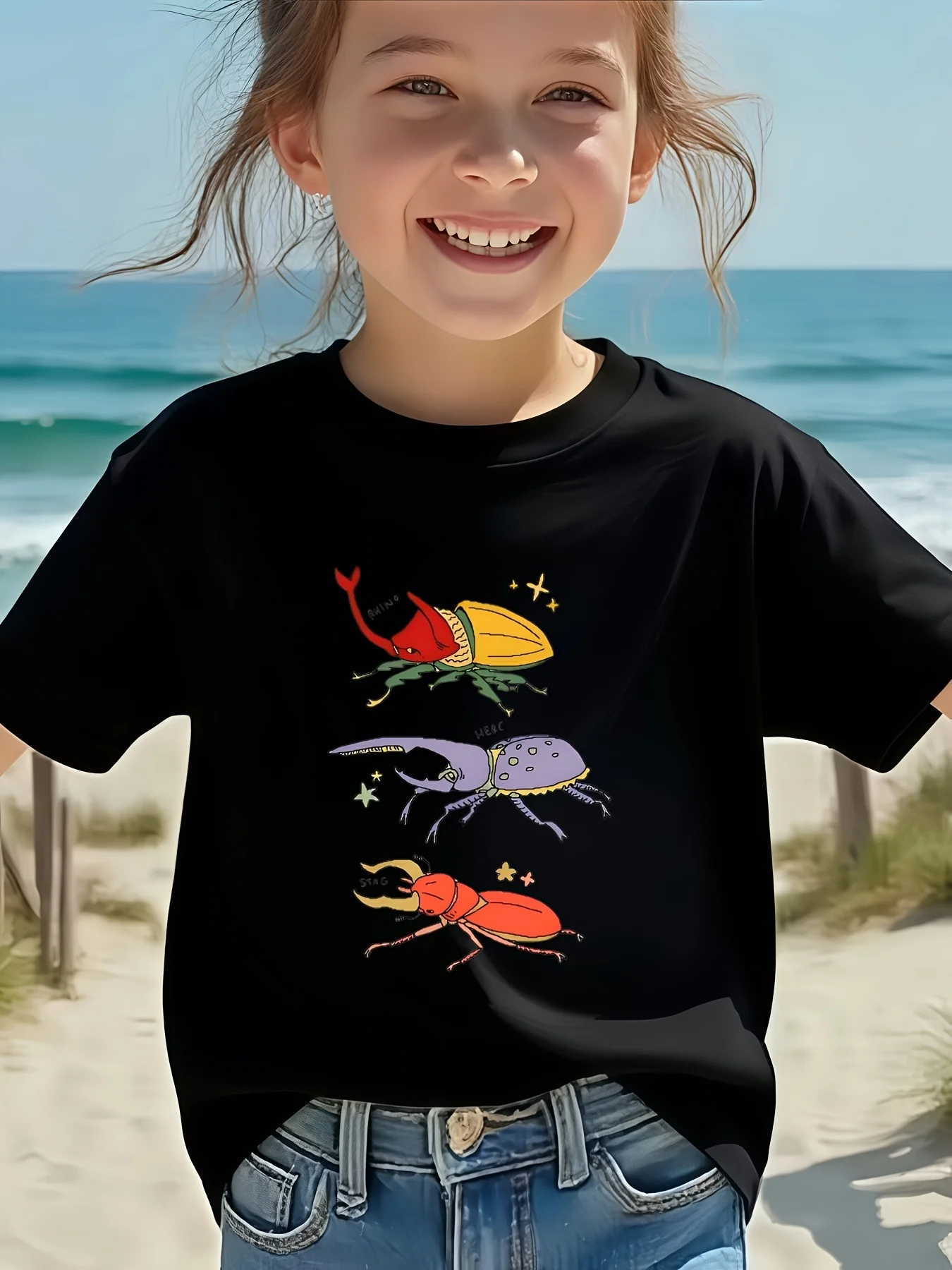 Hand Drawn Colorful Beetles Graphic T Shirt Boys Girls Nature Insect Short Sleeve Tee Family Matching Kids Casual Cotton Tops