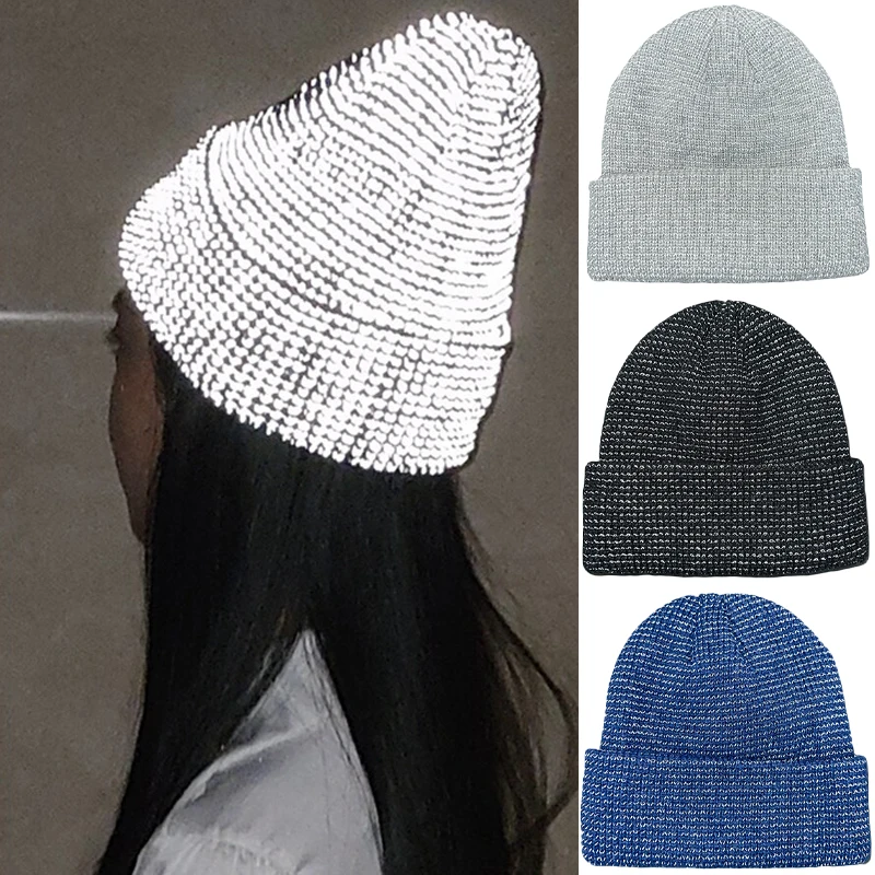 Creative Reflective Beanies Hat for WomenFashion Knitted Street Hats Night Fantasy Shining Skullies Cap for Men Warmer Bonnet