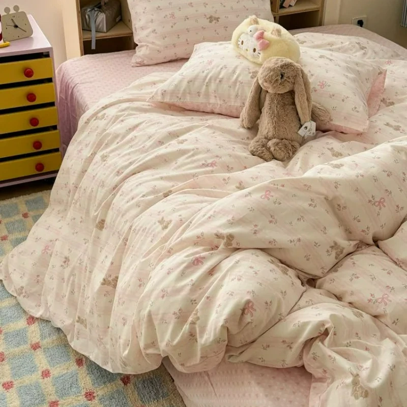 Little Rabbit 4-piece Pure Cotton Set, All Cotton, Duvet Cover, Small Fresh 3-piece Set Bed Sheet Fitted Sheet  Bedding