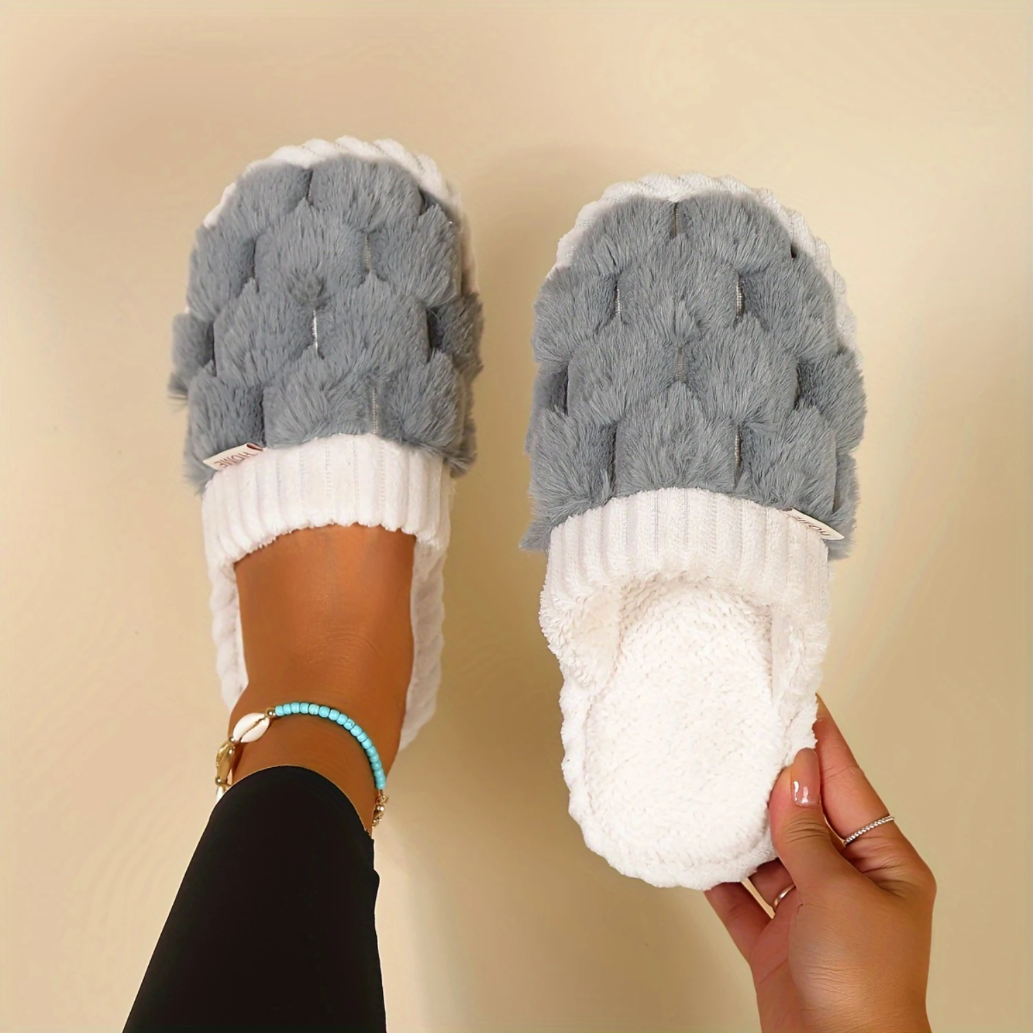 

Colorblock Faux Slippers, Plush Lined Casual Slip Ons, Indoor Comfort Shoes Sapateras para zapatos Shoe stand holder Watch