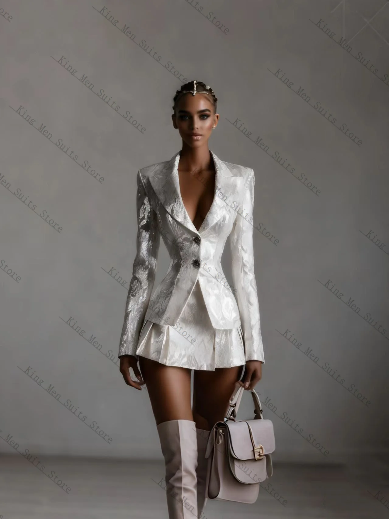 Champagne Women Suit Set 2 Pcs Printed Blazer+Short Mini Prom Dress Customized Formal Guest Wedding Tuxedos Party Coat Jacket
