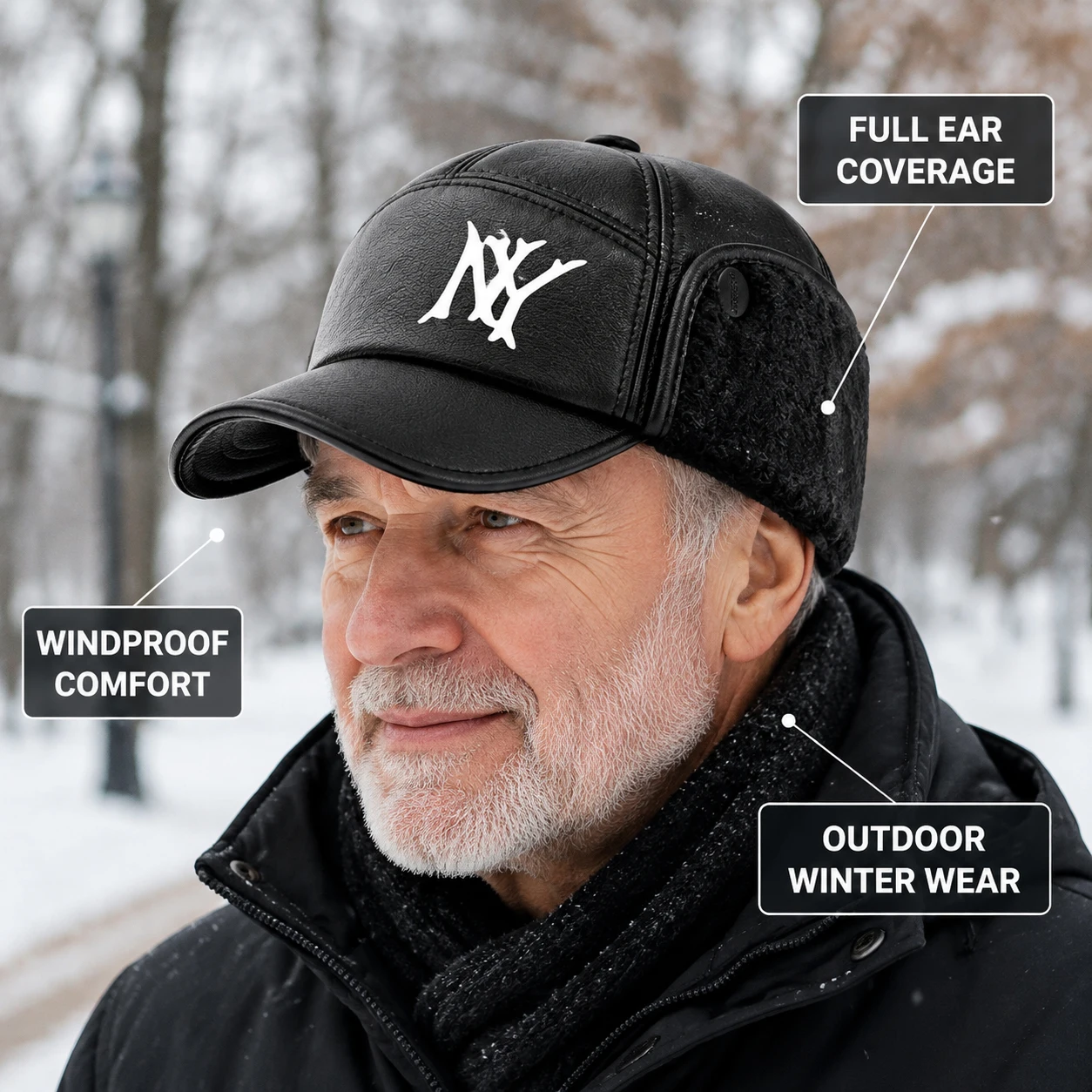 หมวกแก๊ปหนังเทียมสีดำสำหรับผู้ - Trapper Hat Ear Flap บทวิจารณ์และราคา