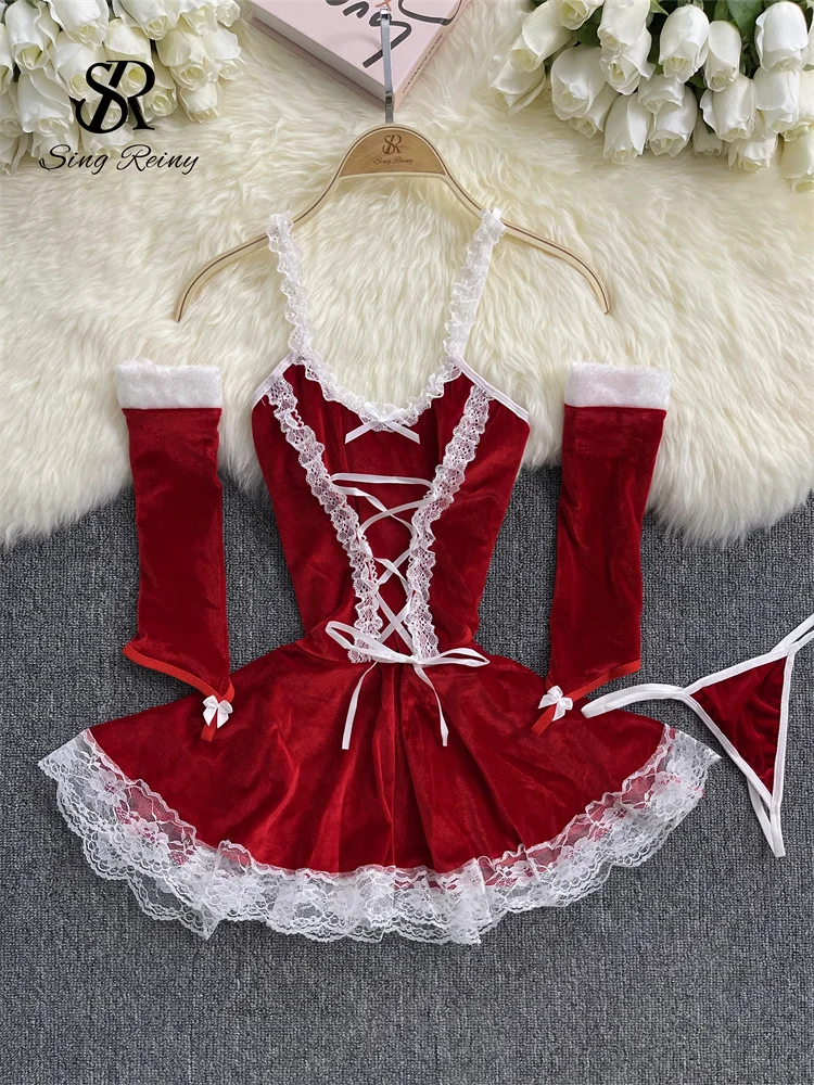 SINGREINY Sexy Christmas Dress 2024 Strap Corss Bandage A-Line Sensual Nightwear Ladies Short Lace Velvet Nightdress Suits