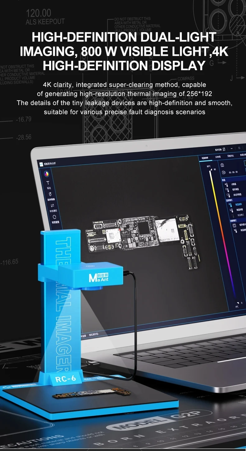 

Тепловизионный анализатор MaAnt RC-6 с двойной подсветкой 256x192 для диагностики утечек и коротких замыканий на печатных платах, инструмент для ремонта компьютеров и телефонов