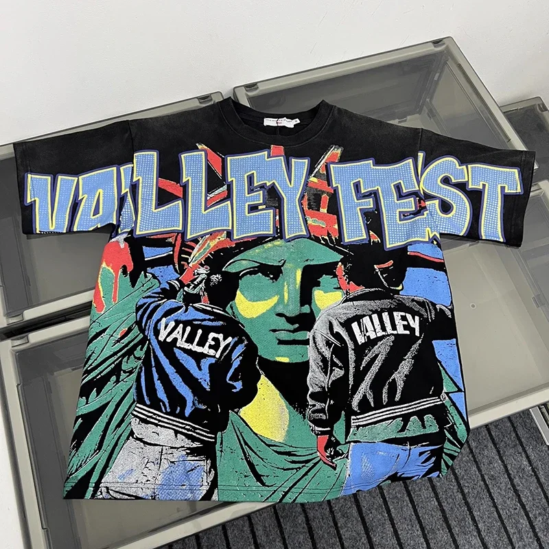 

Good Quality VALE VALLEY Washed Hand Worn T SHIRT Fashion T-Shirts Men Summer Style Women Vintage T Shirt Tee