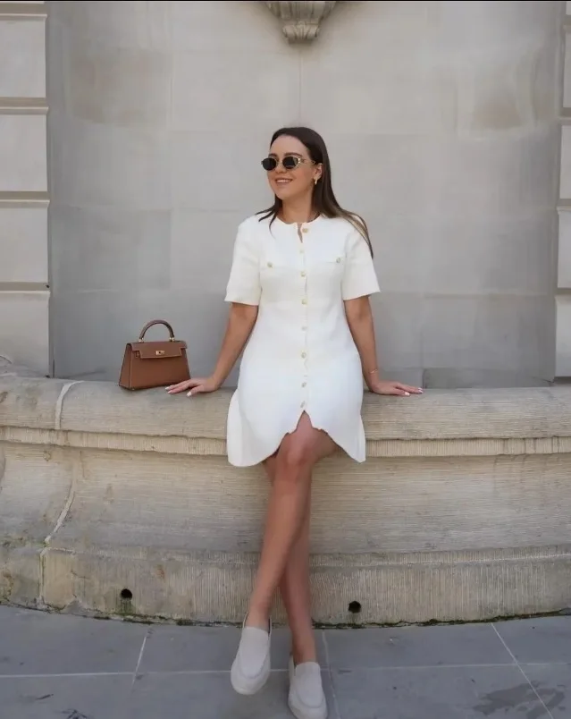 

Knitted Short Sleeved Button Up Woolen Knit Dress For Women's New Summer Solid Color Retro Button Decoration Pleated Mini Dress
