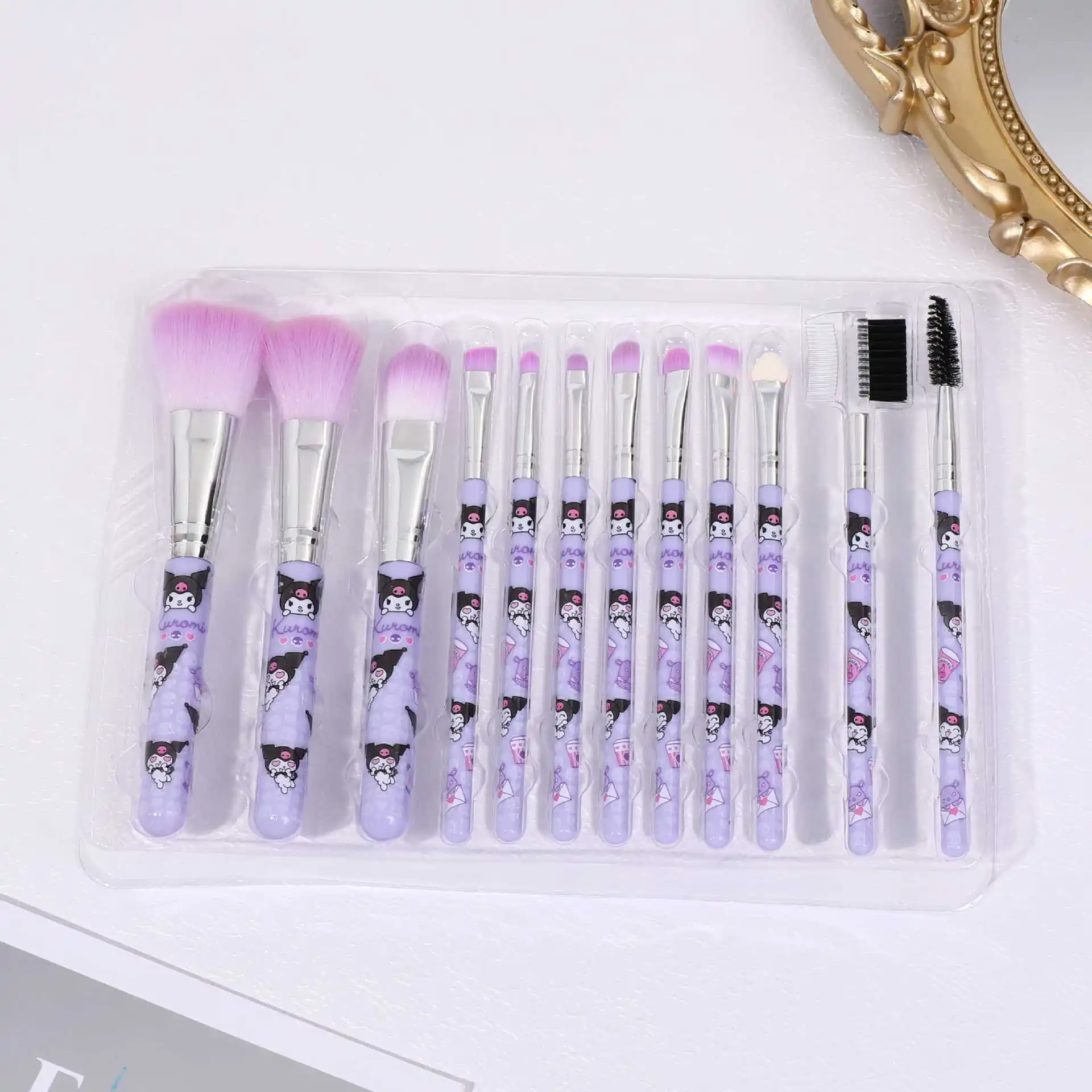 12Pcs Set Kuas Makeup Kuromi Lucu Alat Makeup Wajah Kartun Kreatif Kuas Bedak Tabur untuk Hadiah Ulang Tahun Anak Perempuan