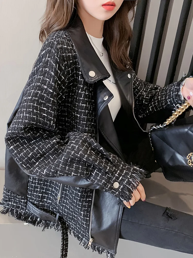 Patchwork Leather Jacket Women Street Stylish Small Fragrant Wind PU Leather Spliced Plaid Tweed Jacket Female 2024 New Coat