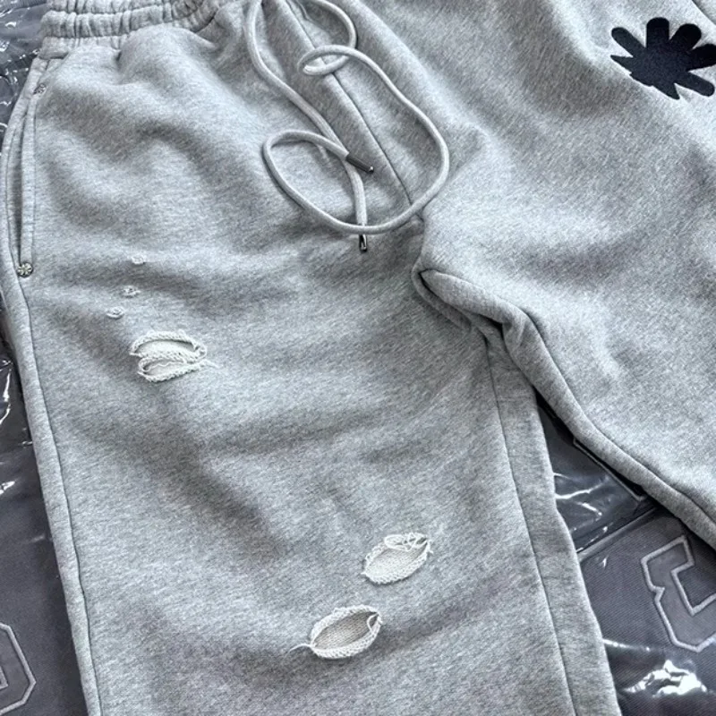 Washed Hole Damaged Lost Shdws Sweatpants Embroidery Floral Casual Pants Men Women Black Gray Loose Drawstring Jogger Trousers