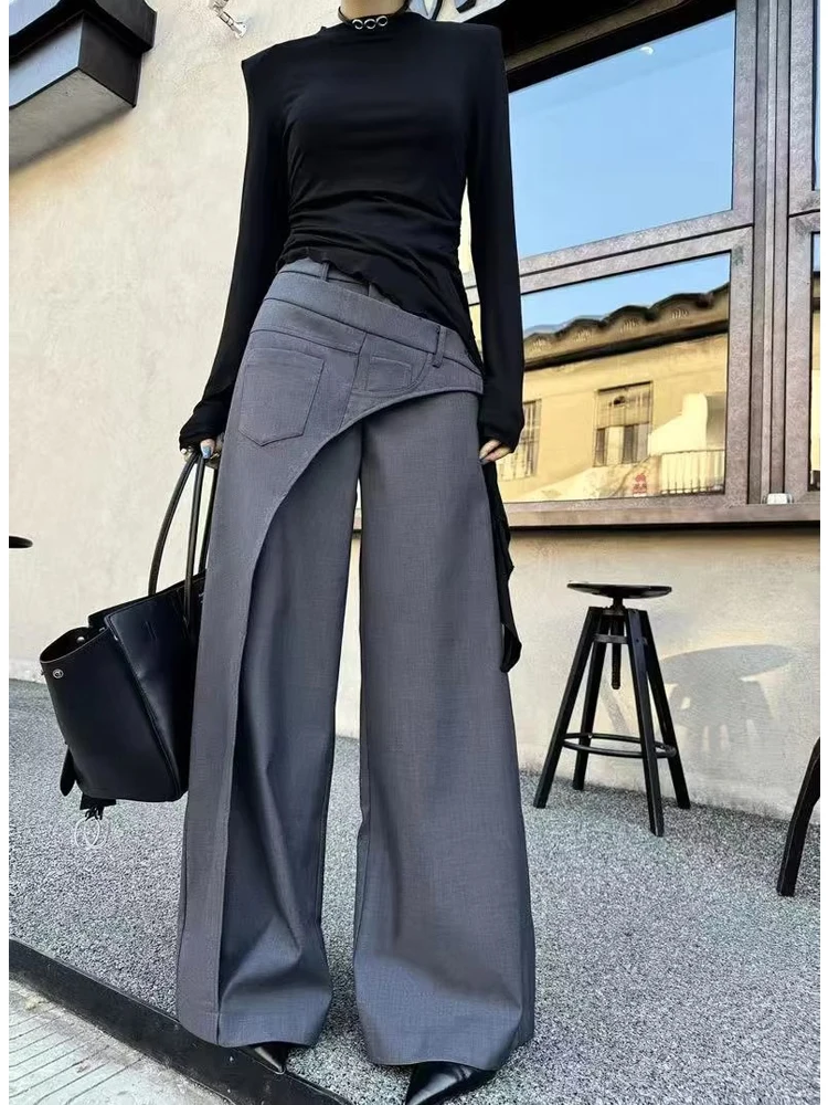 2024 Black Design Wide-Leg Pants Women's Slimming Suit Pant Harajuku High Waist Loose Straight Streetwear Y2k Casual Trousers