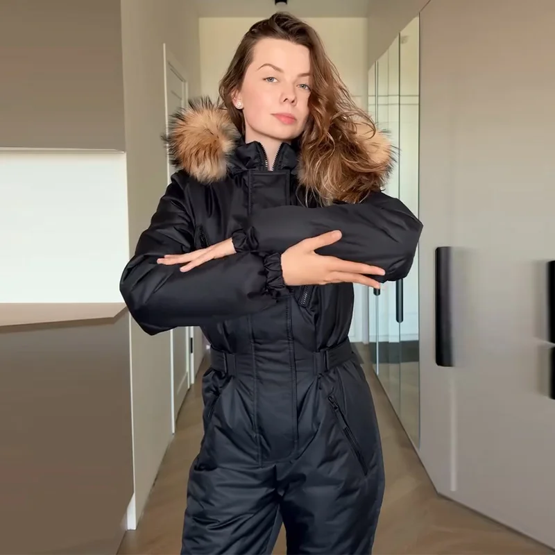 Ski-Overall mit Kunstfellkragen, tailliert, für Damen, sportlich, mit Kapuze, Laternenärmeln, Reißverschlüssen, schmal geschnitten, Winter-Skibekleidung für Damen – Detail 8