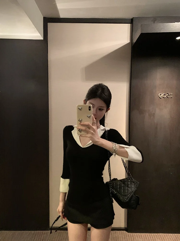 

Bla And White irt Collar Fake Two-Piece Design Slim Fit Ne Long Sve UV Protection Pure Color Women's Summer irt