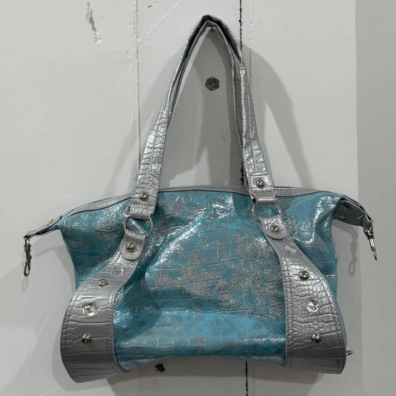Marken-Retro-Y2K-Schultertasche Hochwertige Nischen-Motorradtasche mit Nieten Krokodilmuster Große Kapazität Denim-Canvas-Pendler-Tragetasche – Detail 22