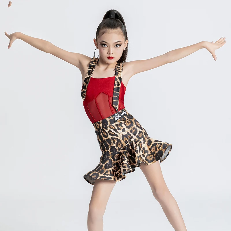 Kids Latin Dance Clothes Practice Suit Samba Dancing Stage Performance Outfit Red Bodysuit Leopard Skirt Dancewear DL10476