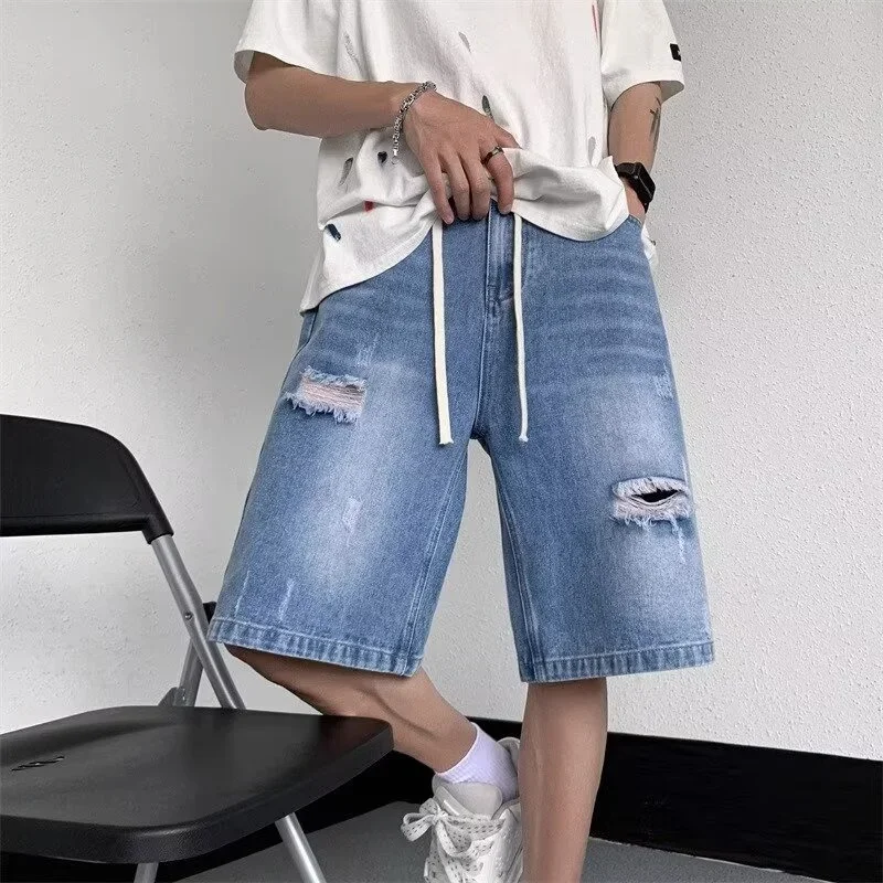 Summer Distressed Ripped Jorts Mens Drawstring Retro Fashion Denim Shorts Hombre Y2K Streetwear Baggy Short Jeans Blue Bermuda