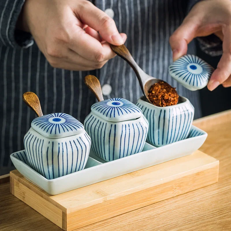

Porcelain Hand Painted Seasoning Jar Japanese Retro Salt Jar Aginomoto Tank Seasoning Box Can Household Kitchen