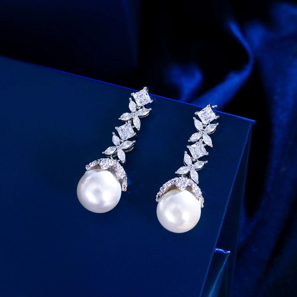 ThreeGraces New Fashion Shiny Zircon Simulated Pearl Long Leaf Flower Drop Earrings for Women Bridal Wedding Party Jewelry E1910