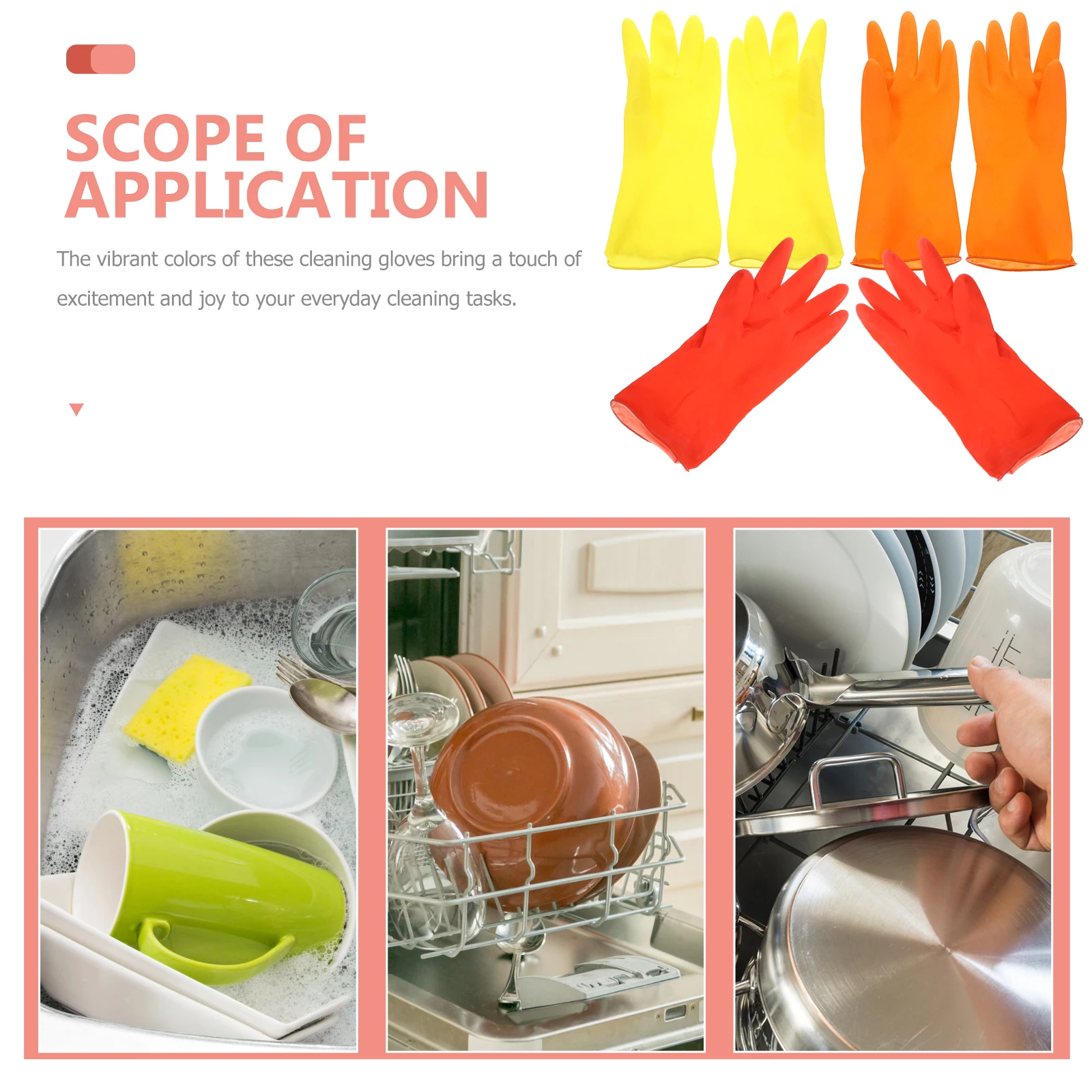 

3pcs Rubber Cleaning Gloves Medium Size Vibrant Color Kitchen Dishwashing Waterproof Reusable Non-Slip Household Cleaning Tools
