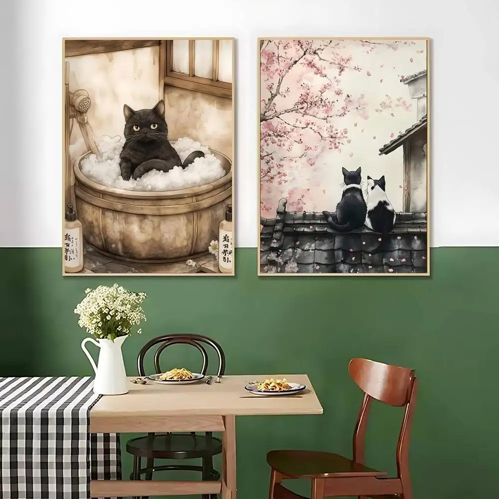 Japanese Black Cat Bathing Moon Lucky Cat Cartoon Poster Sticky Posters Waterproof Paper Sticker Coffee House Bar Home Decor