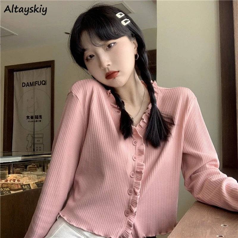 Women Cardigan Solid Loose Crop Tops Long Sleeve Wood Ear Ruched V-neck Summer Thin Knitted Outwear Sun Protection Korean Style