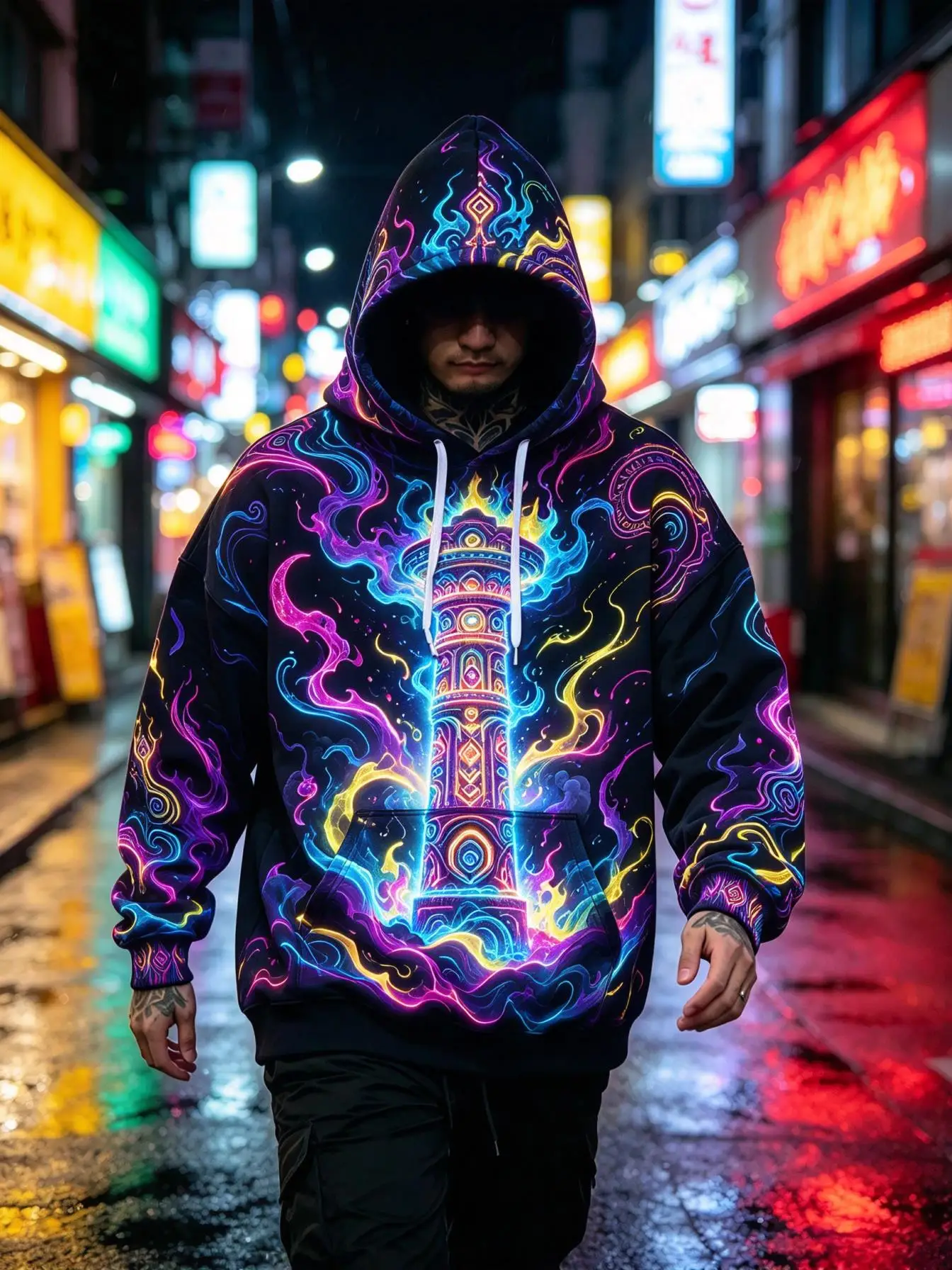 Men's Hoodie Black Neon Glowing Mythical Beast Mask Print Breathable Soft Pullover Sweatshirt for Streetwear Party Daily Wear