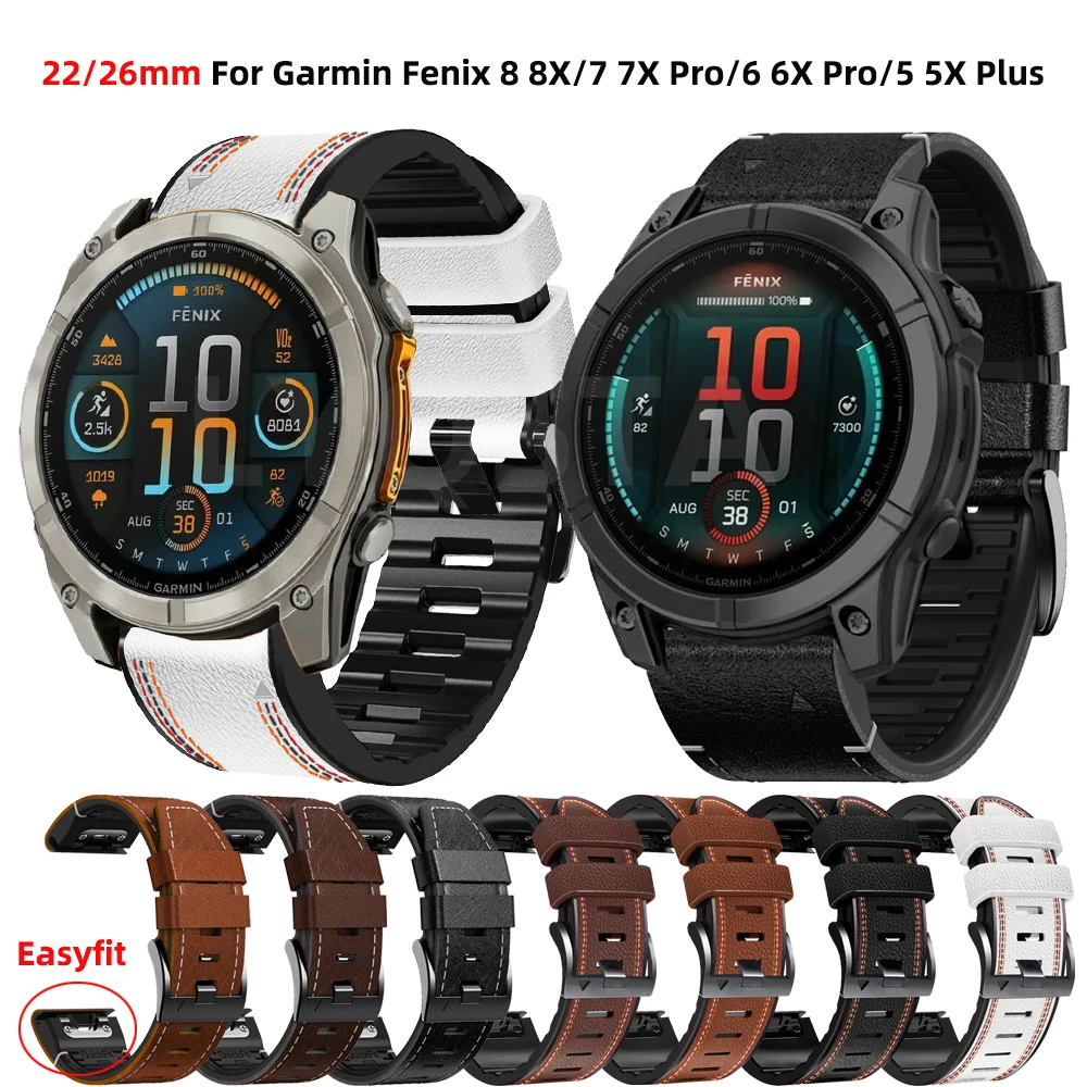 22/26mm Silicone Leather Strap For Garmin Fenix 8 7 7X Pro 47mm 51mm/6 6X Pro Epix Replacement Accessory Wristband Easy Install