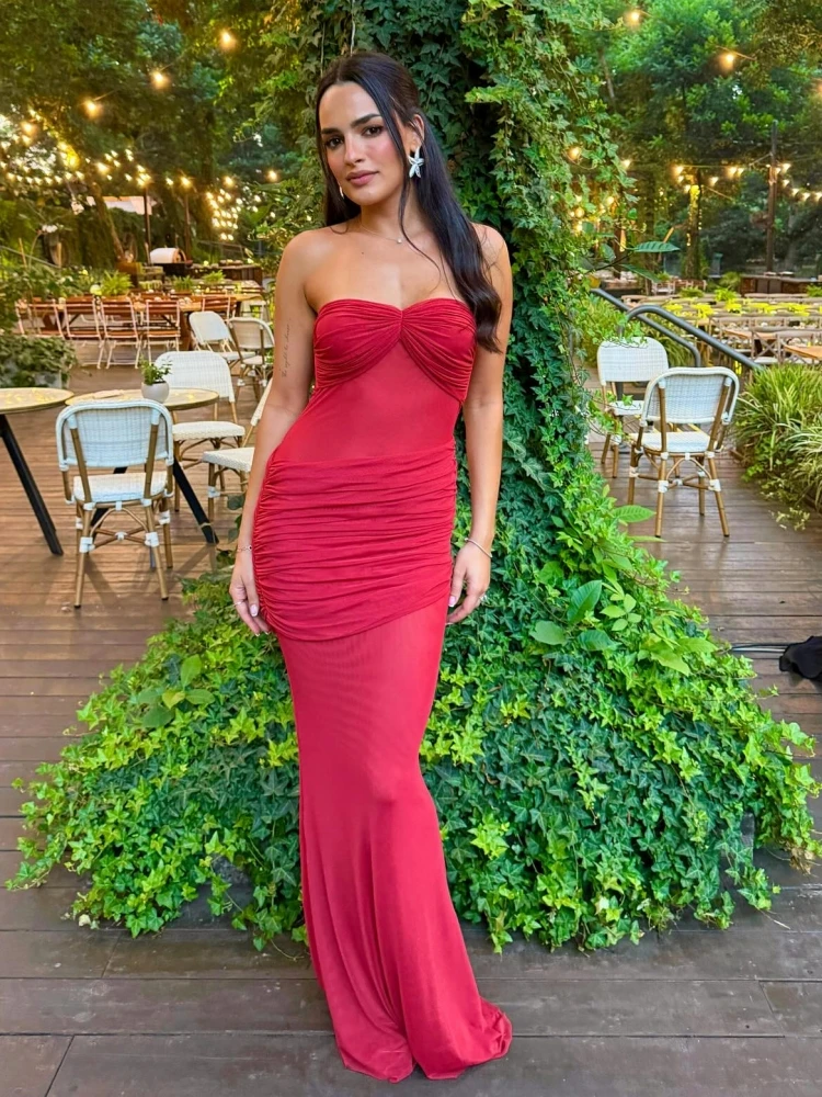 Abito lungo sexy senza spalline in rete trasparente con pieghe Abito lungo da donna in rete rossa senza maniche con volant increspato senza schienale Abiti da sera per cocktail
