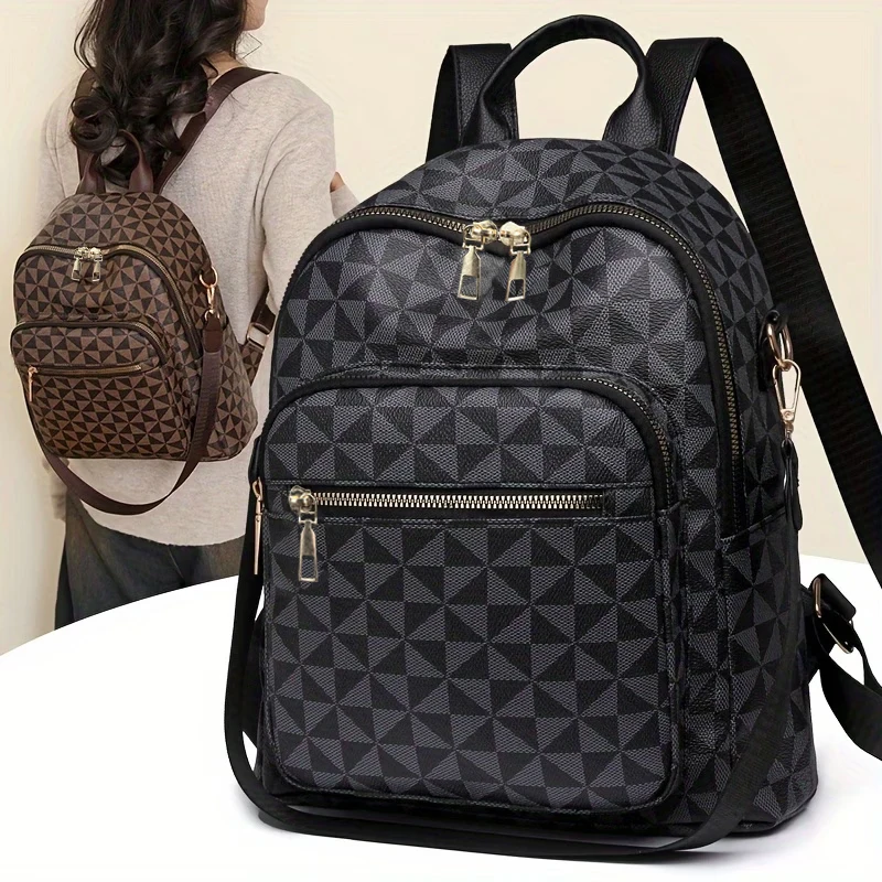 Daily Wear Soft PU Printed Backpack Multi Layer Storage, Adjustable Strap Fashion Bag for Ladies Casual Street Matching