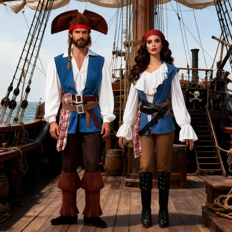 Disfraz de Pirata Medieval para Hombre y Mujer, Traje de Capitán Pirata para Parejas, Uniforme de Marinero Vintage, Disfraz para Halloween, Carnaval y Fiestas